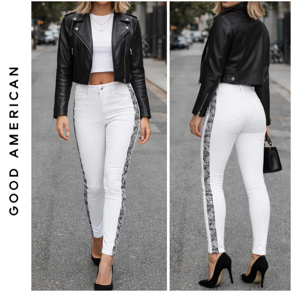 NWT GOOD AMERICAN | SZ 0/25 | White Snakeskin Skinny Jeans High Rise MSRP $179 - Picture 1 of 9